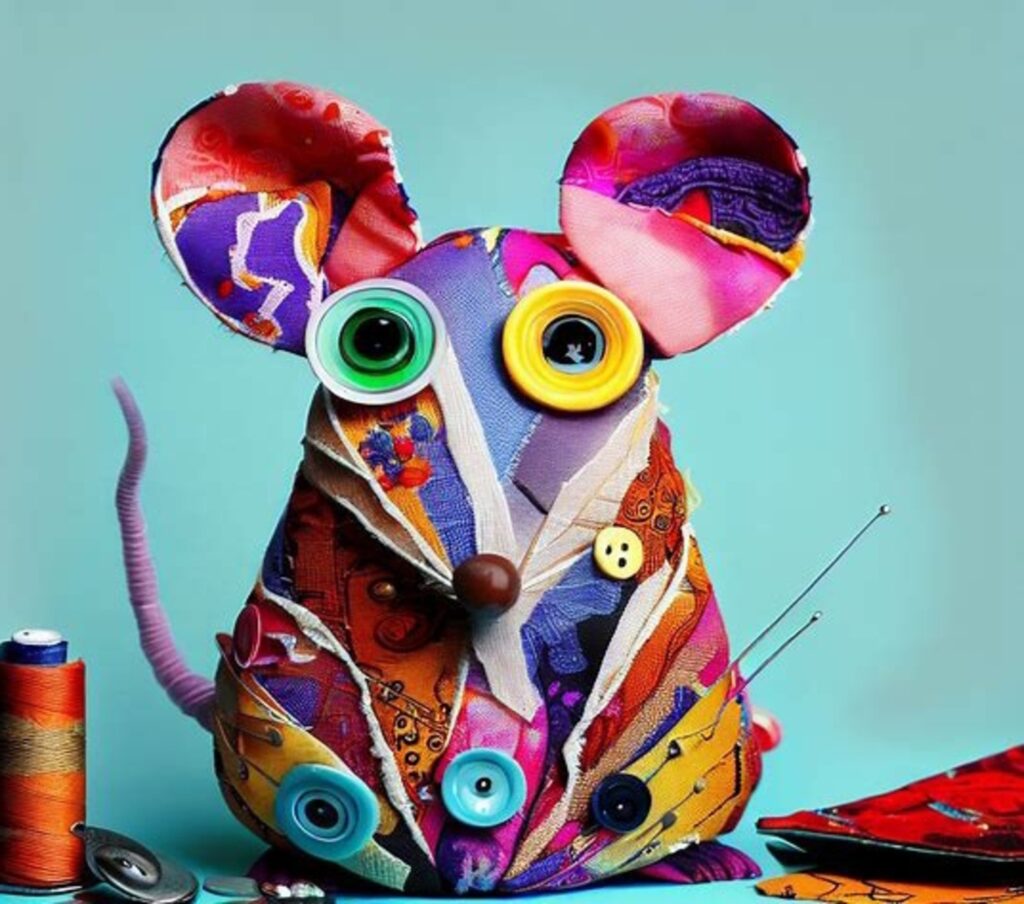  Kreativität gegen Verschwendung,Upcycling von Kleidung und Stoffen zu einem neuenLook eine bunte Maus.